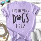 Lilac t-shirt with "Life Happens Dogs Help" and paw print graphic.