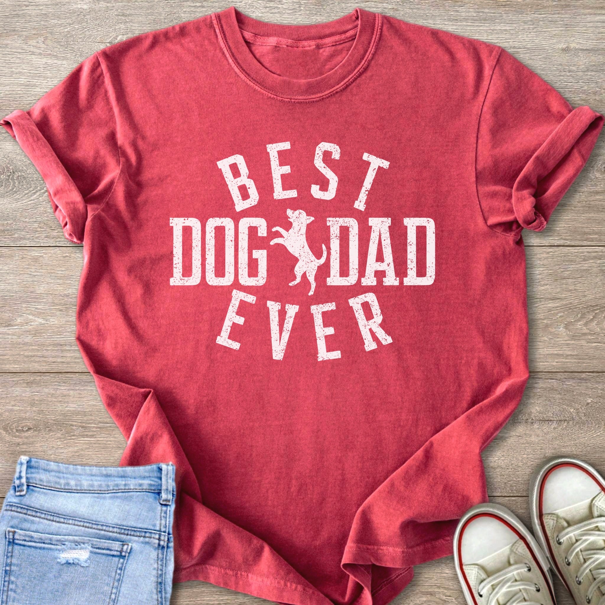 Crimson t-shirt with "BEST DOG DAD EVER" text and a dog graphic.