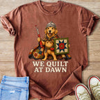 Golden retriever in armor holding a seam ripper and a quilt.