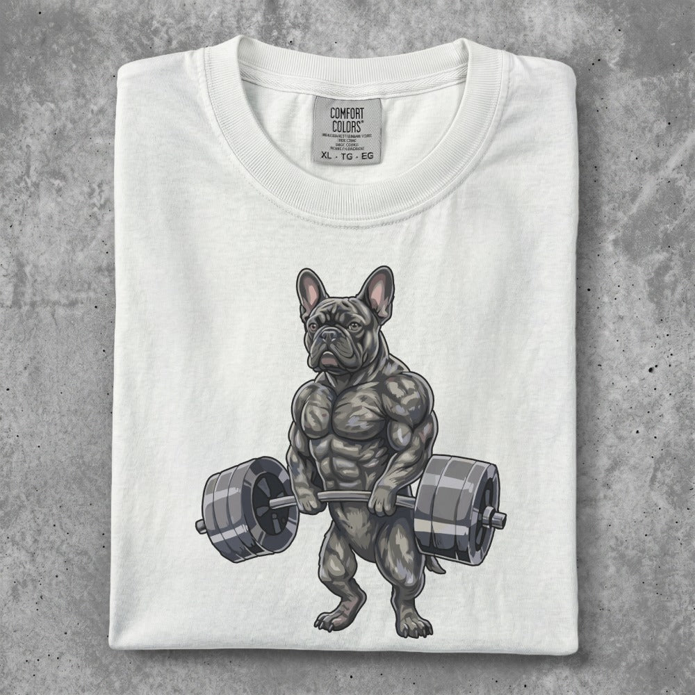 Muscular French bulldog lifting weights on a white t-shirt.