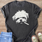 Dark gray t-shirt with white graphic of a dog's head holding a cigarette.