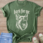 Green t-shirt with snarling German Shepherd graphic and text "bark for me".