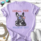 French bulldog wearing American flag sunglasses with text "Chill The Fourth Out."