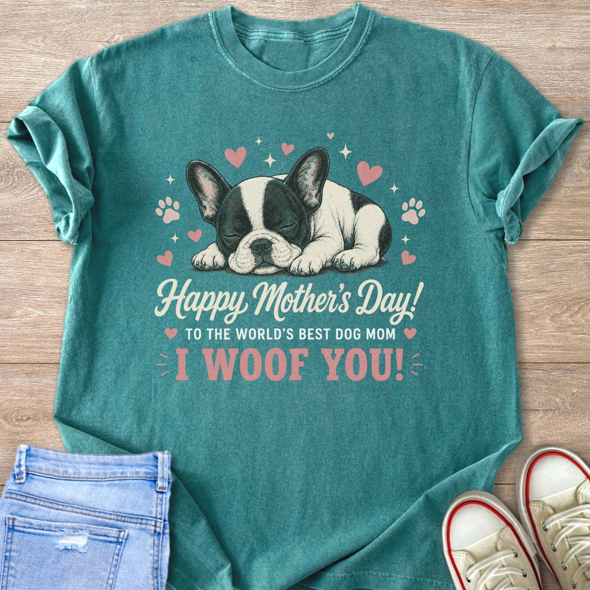 French bulldog sleeping with hearts and "Happy Mother's Day I Woof You!" text.