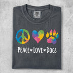 Peace, love, dogs graphic on gray t-shirt.
