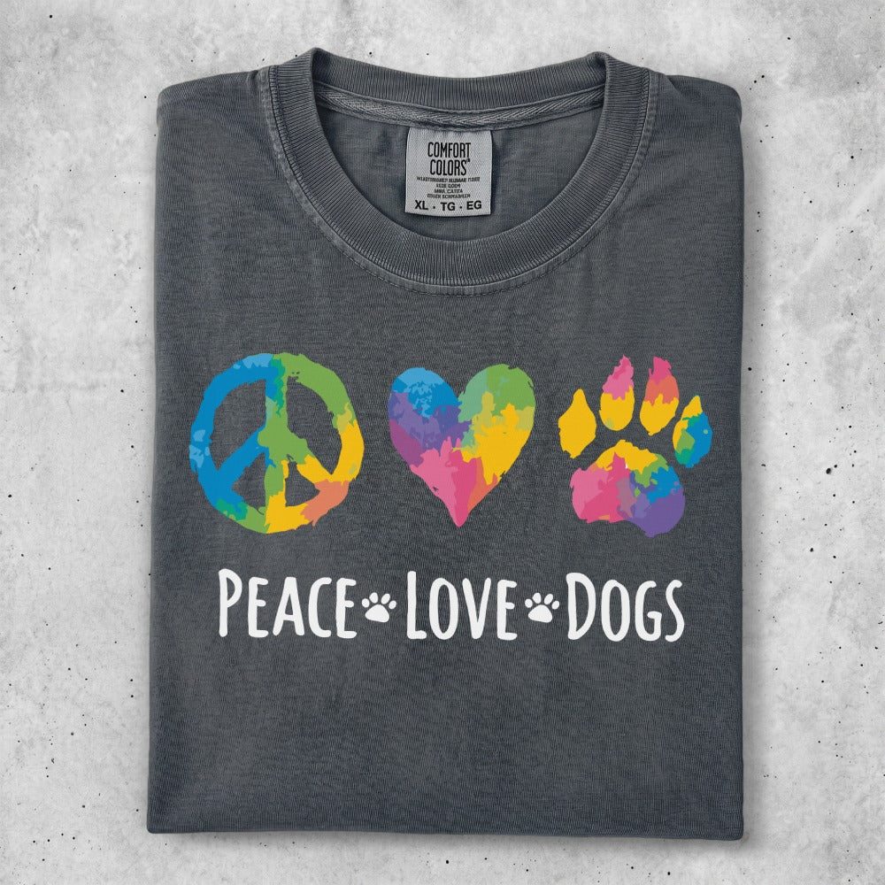 Peace, love, dogs graphic on gray t-shirt.