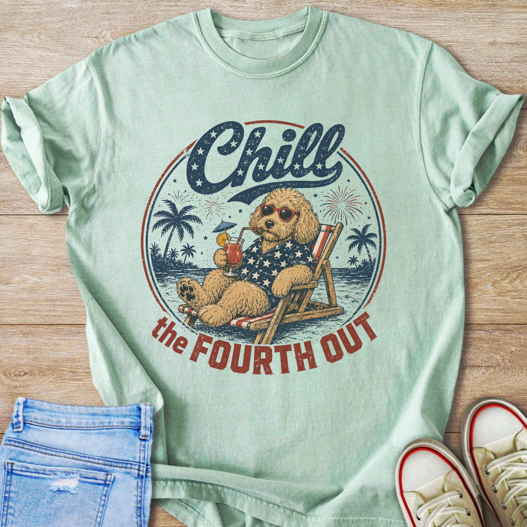 Furry dog in sunglasses relaxes in a beach chair with a drink, text "Chill the Fourth Out."