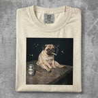 Pug wearing a cigarette, sitting next to a can of beer.