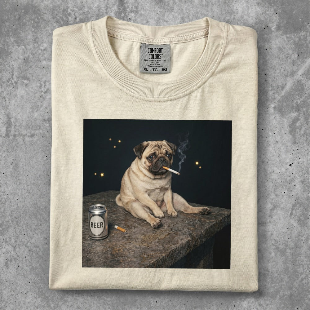Pug wearing a cigarette, sitting next to a can of beer.