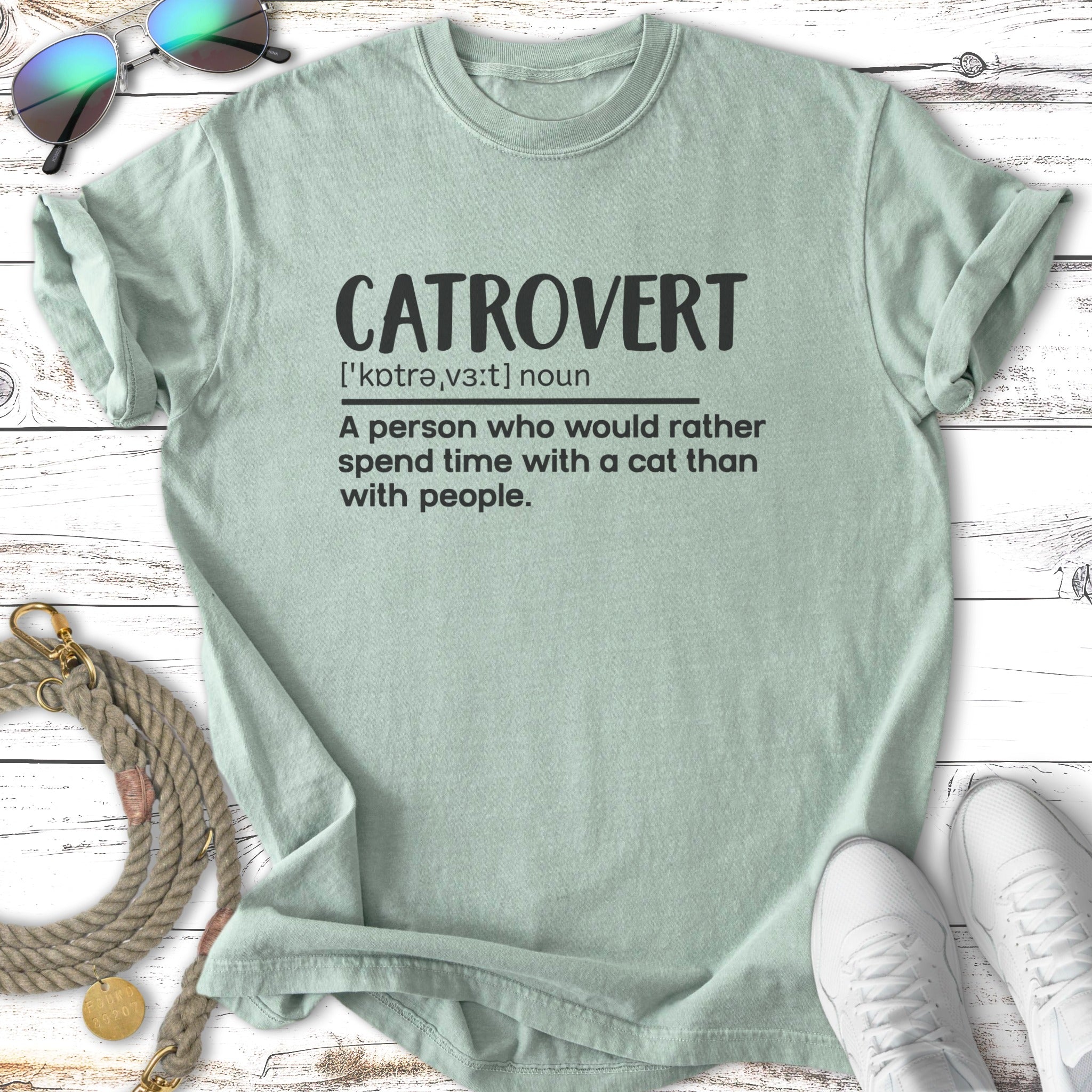 "Catrovert" definition t-shirt explaining a person who prefers cats over people.