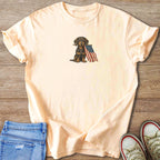 Peach t-shirt with dachshund holding American flag graphic