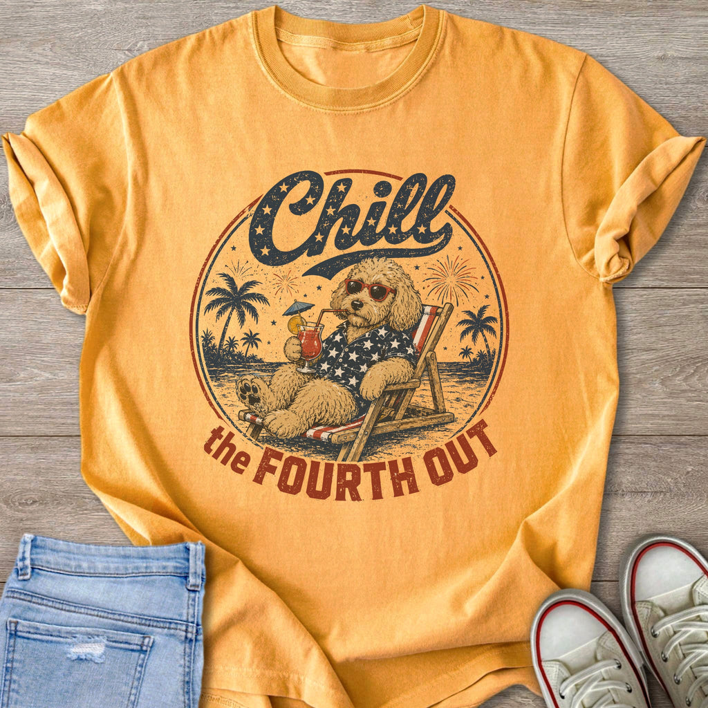 Dog wearing sunglasses and star shirt relaxing on beach chair with drink, text "Chill the Fourth Out".