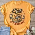 Dog wearing sunglasses and star shirt relaxing on beach chair with drink, text "Chill the Fourth Out".