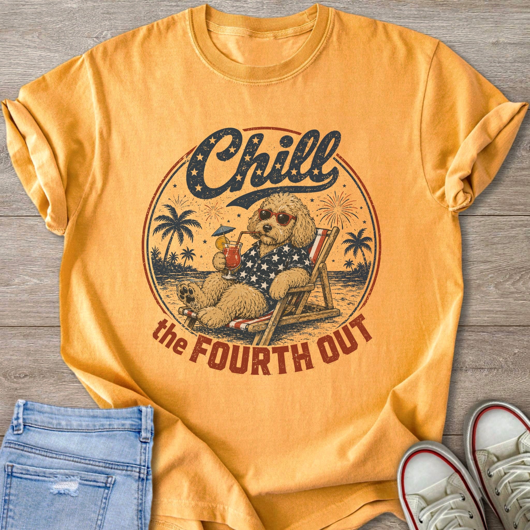 Dog wearing sunglasses and star shirt relaxing on beach chair with drink, text "Chill the Fourth Out".