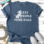 Distressed blue t-shirt with white text "LESS PEOPLE MORE DOGS" and a dog silhouette.