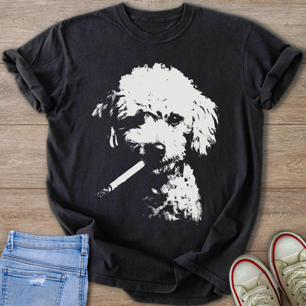 Black t-shirt with white graphic of a poodle holding a cigarette.