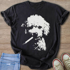 Black t-shirt with white graphic of a poodle holding a cigarette.