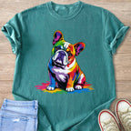 Teal t-shirt with a rainbow French bulldog graphic and paint splatters.