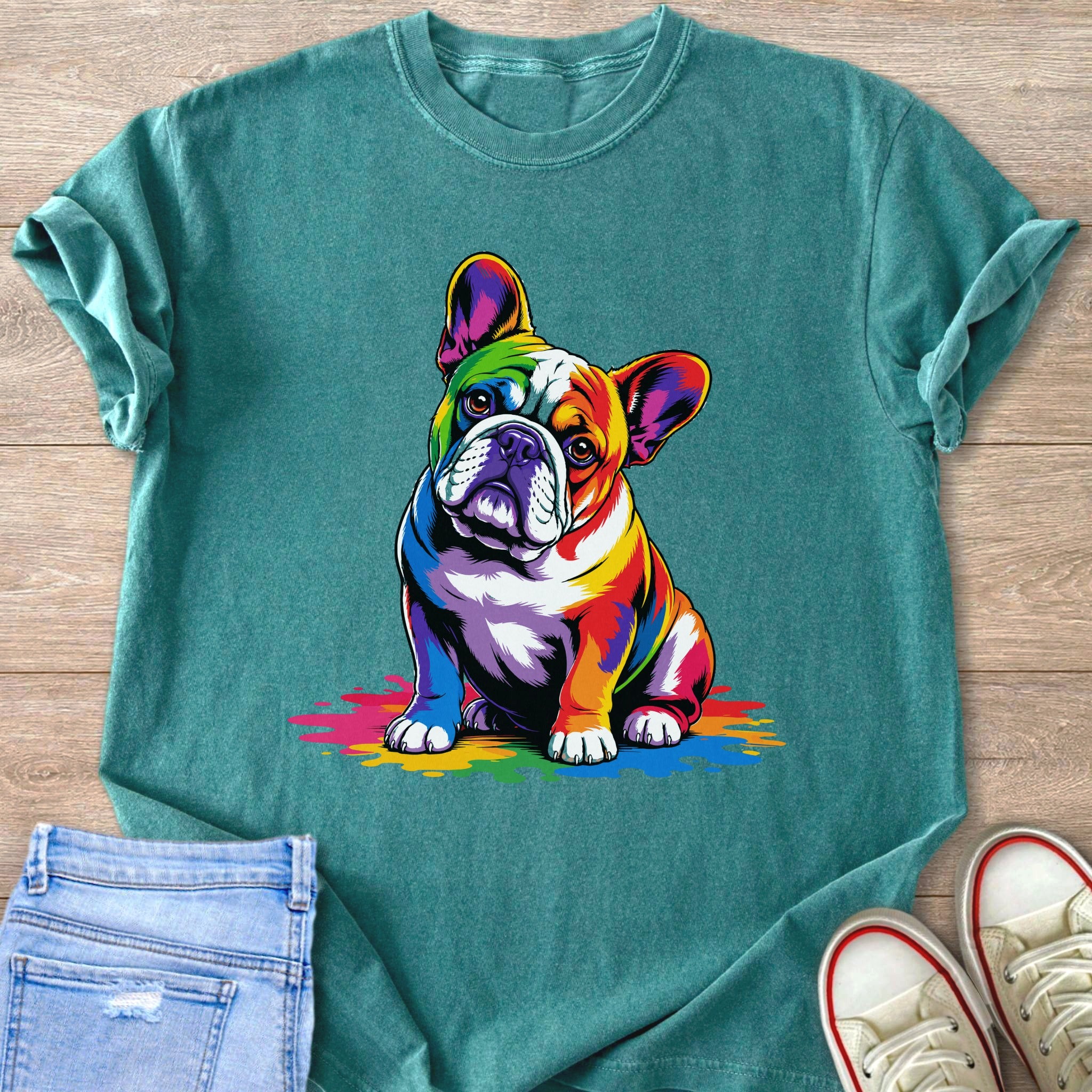Teal t-shirt with a rainbow French bulldog graphic and paint splatters.