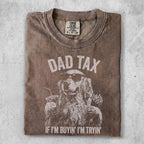 Dad Tax t-shirt with dog wearing sunglasses, holding a drink and fries.