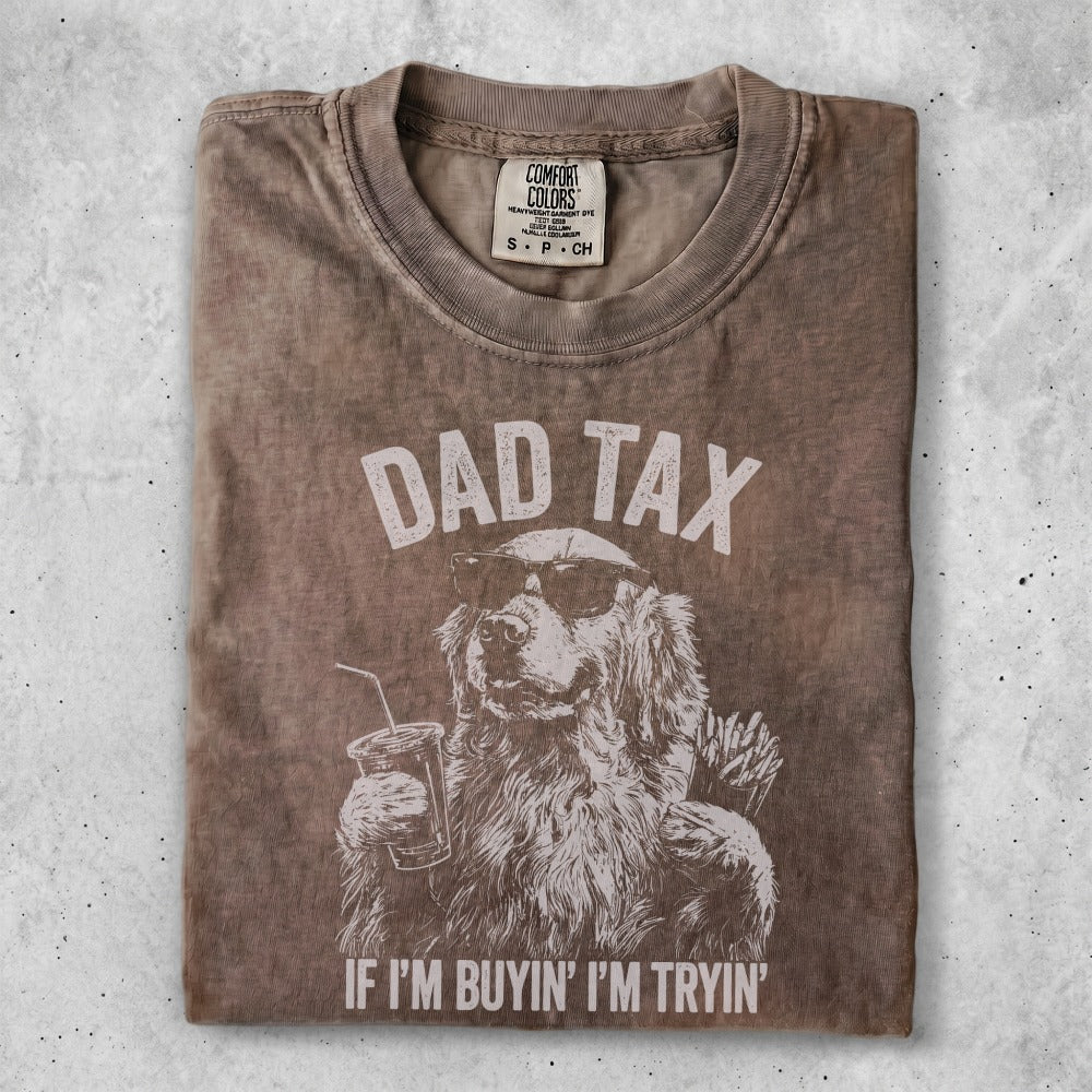 Dad Tax t-shirt with dog wearing sunglasses, holding a drink and fries.