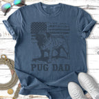 T-shirt with pug silhouette against distressed American flag and "Pug Dad" text.