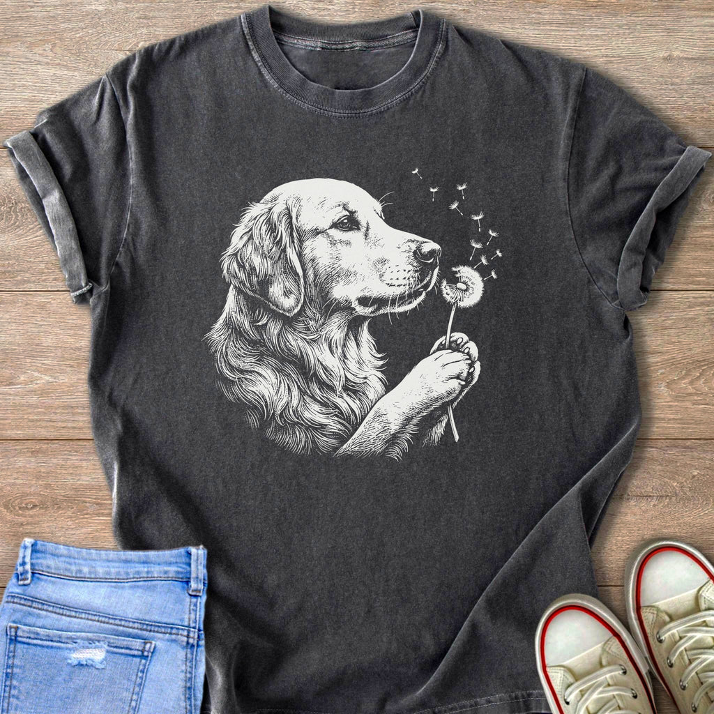 Dark gray t-shirt with a white sketch of a Golden Retriever blowing on a dandelion.