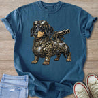 Steampunk dachshund in mechanical armor with goggles and a telescope.