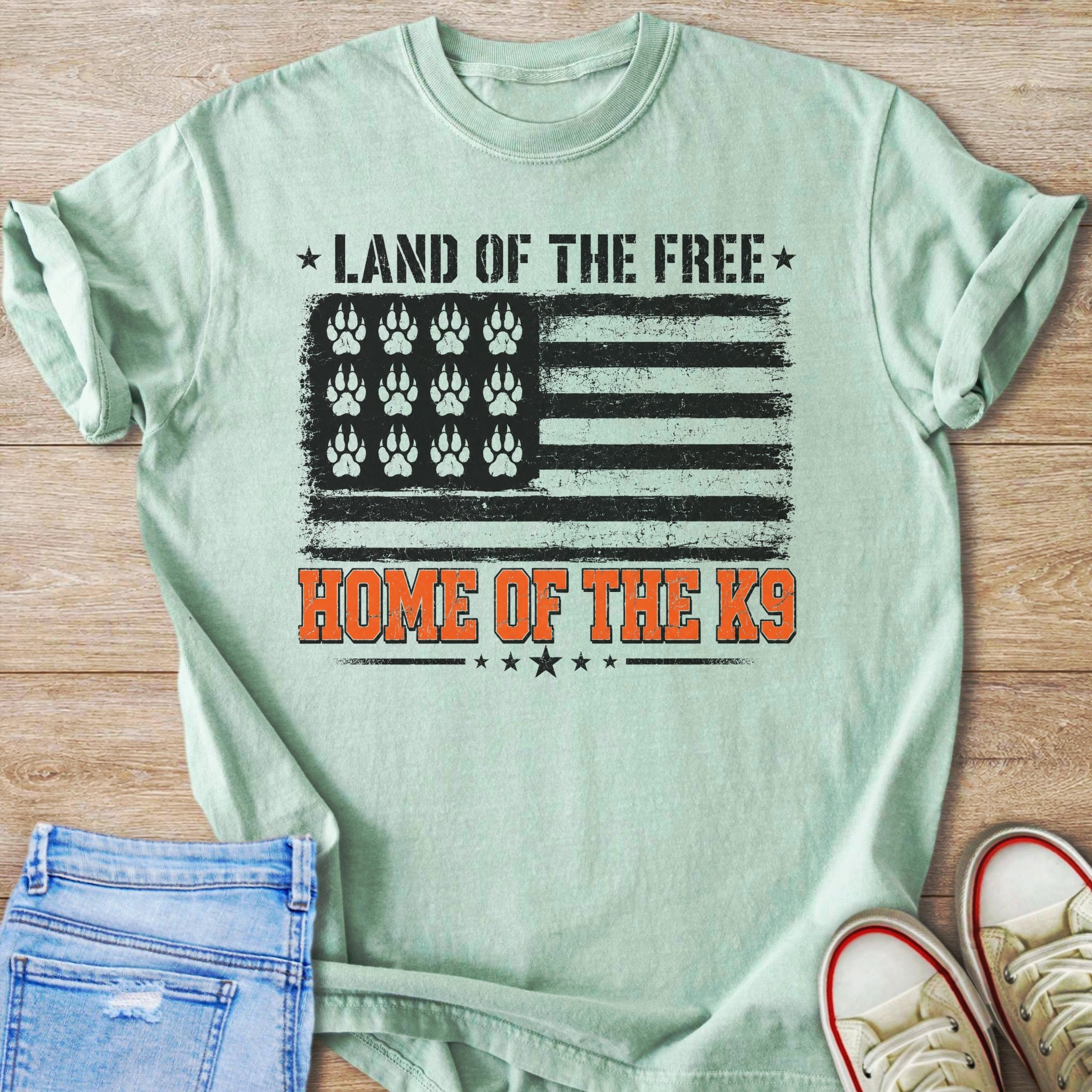 Light green t-shirt with distressed US flag graphic and text.
