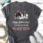 Black and white French bulldog sleeping, "Happy Mother's Day! I WOOF YOU!" text.