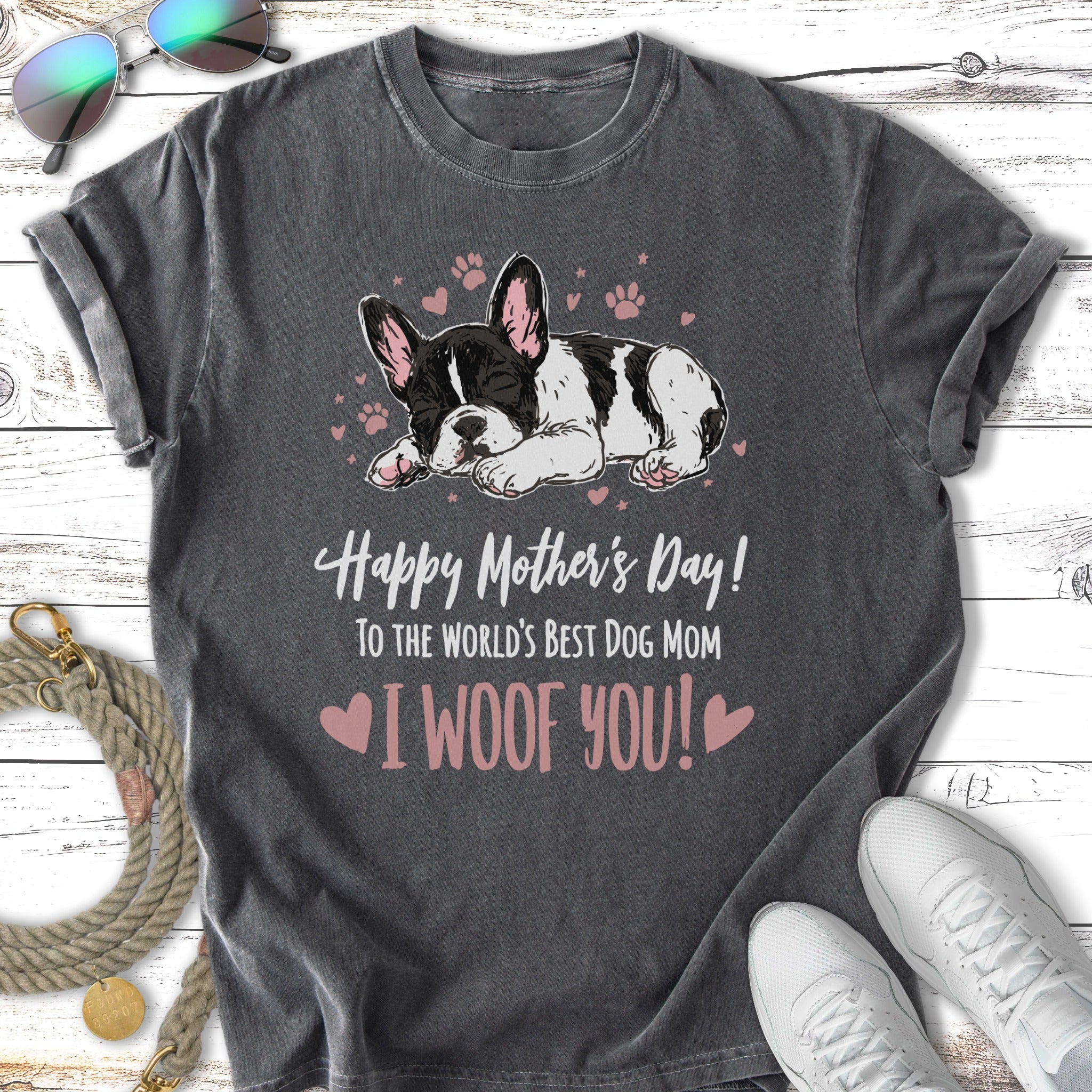 Black and white French bulldog sleeping, "Happy Mother's Day! I WOOF YOU!" text.