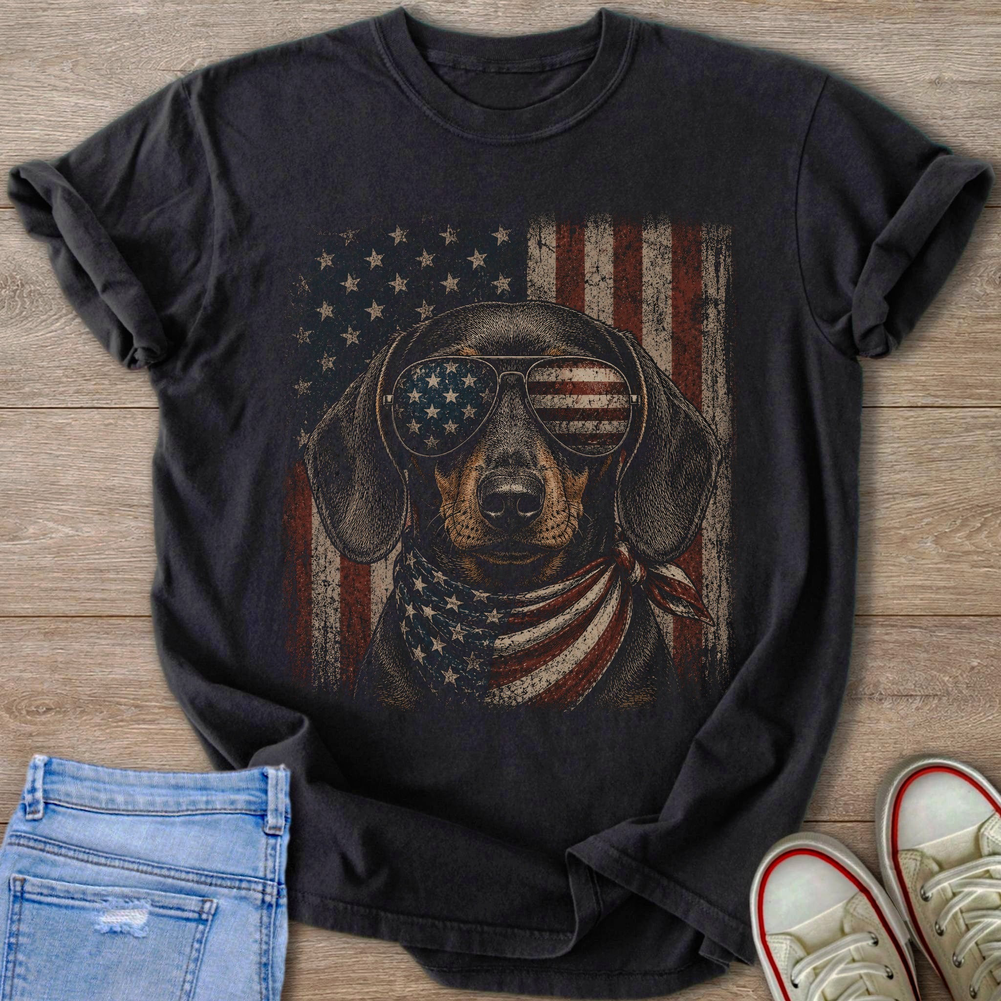 Dachshund wearing sunglasses and bandana with American flag design on t-shirt.