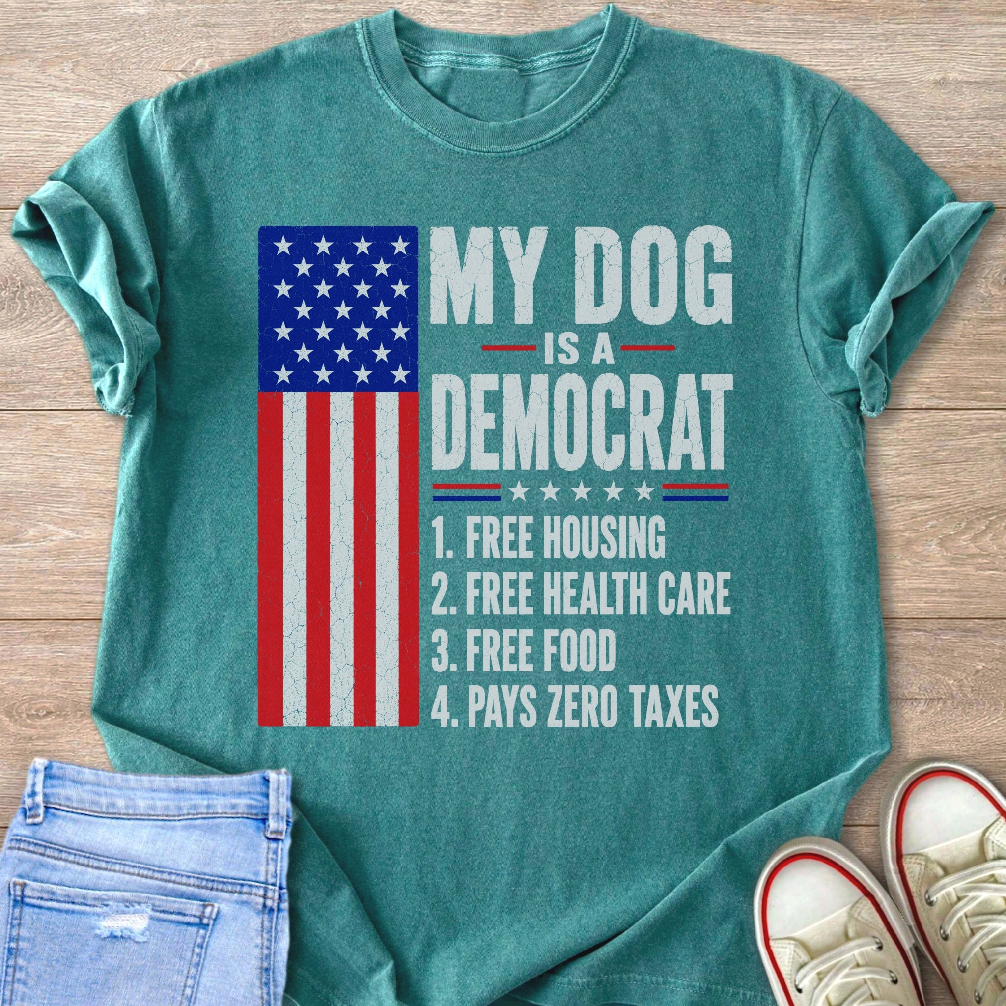 Teal t-shirt with American flag and text: "My Dog Is A Democrat".