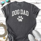 Dark grey t-shirt with "DOG DAD" and a paw print graphic.
