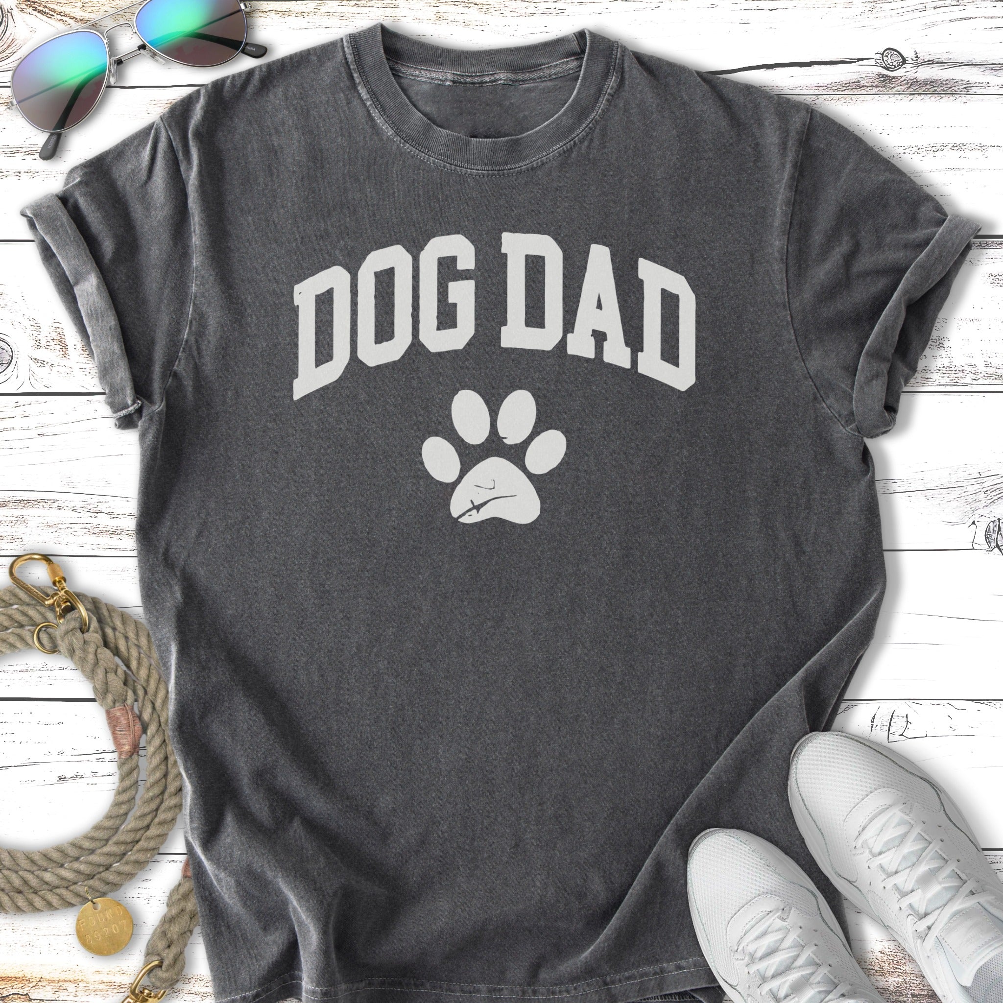 Dark grey t-shirt with "DOG DAD" and a paw print graphic.