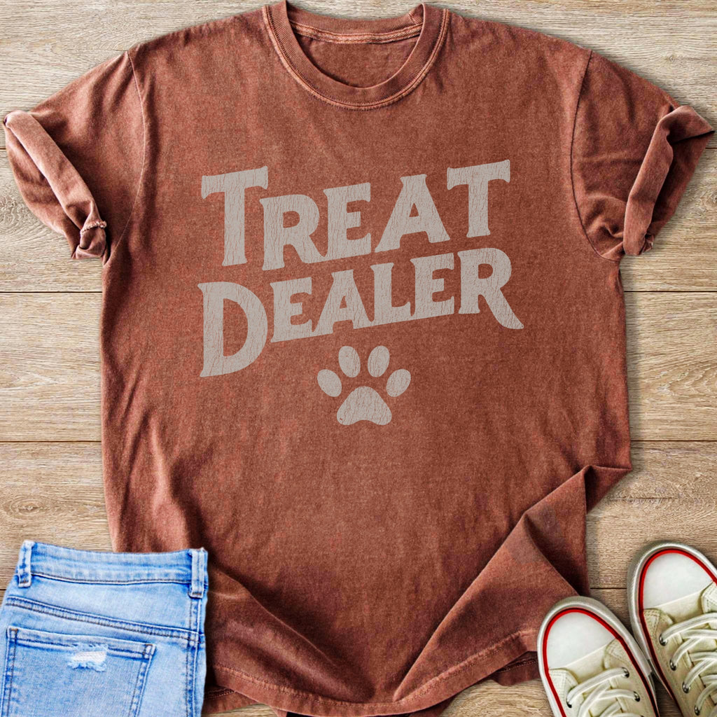 Brown t-shirt with "Treat Dealer" text and a paw print.