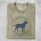 Labrador retriever silhouette inside a circle with "All food must go to the lab for testing" text.
