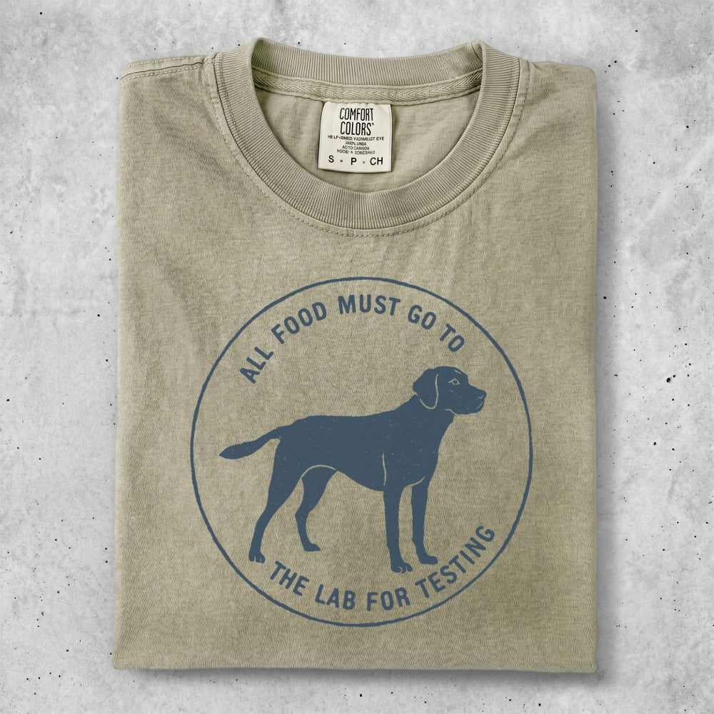 Labrador retriever silhouette inside a circle with "All food must go to the lab for testing" text.