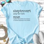 Light blue t-shirt with "Sheptrovert" definition for German Shepherd lovers.