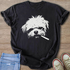 T-shirt with a distressed white graphic of a dog's face with a cigarette.