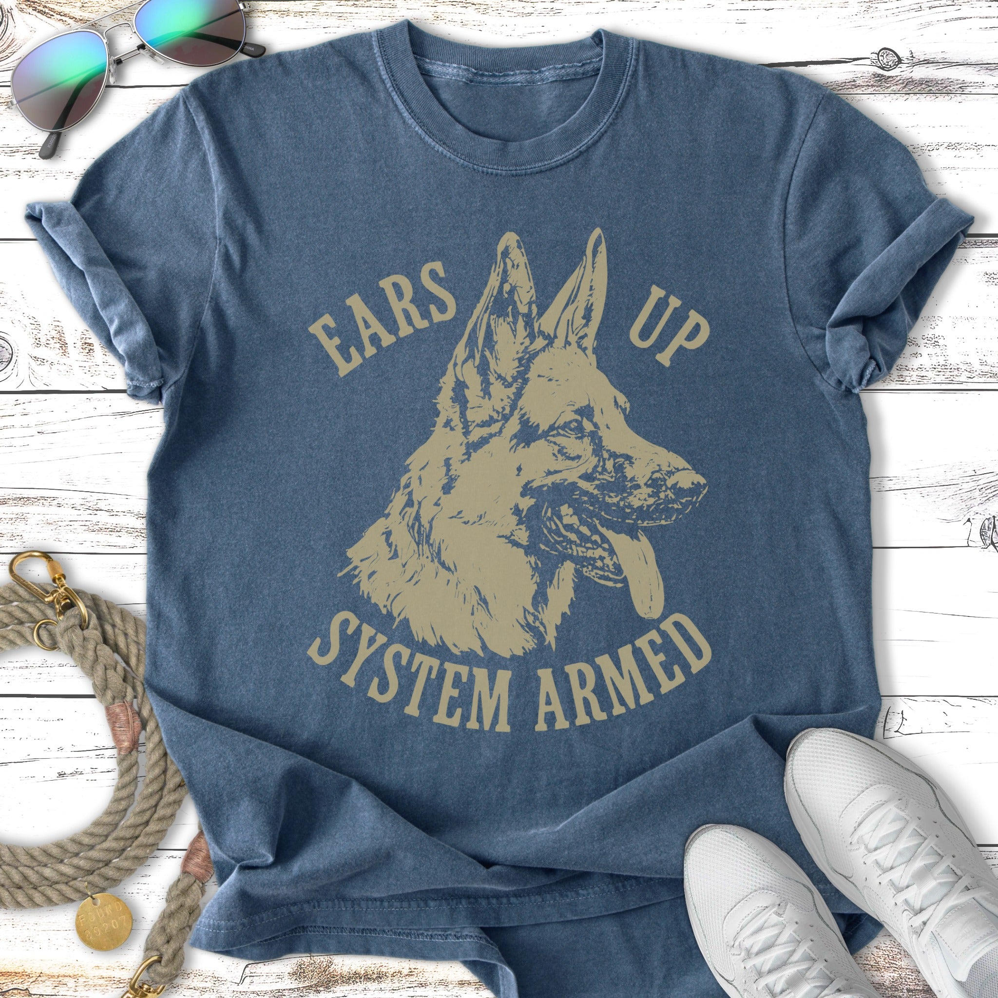 German Shepherd head graphic with "Ears Up System Armed" text on a blue t-shirt.