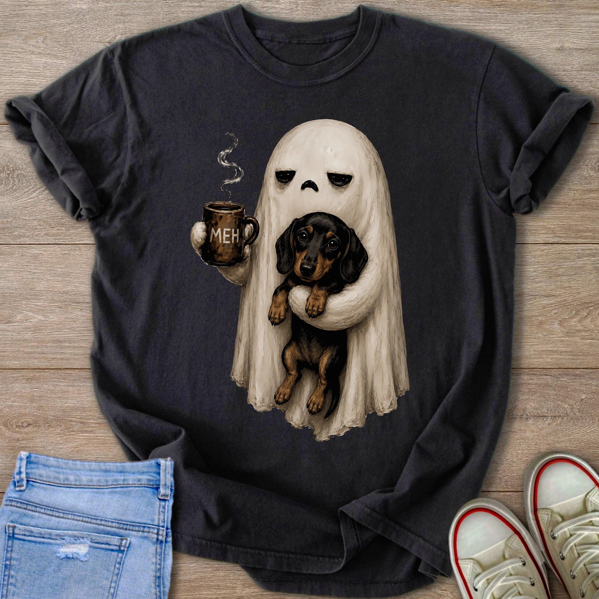 Ghost holding a dachshund and coffee mug with "MEH" text.