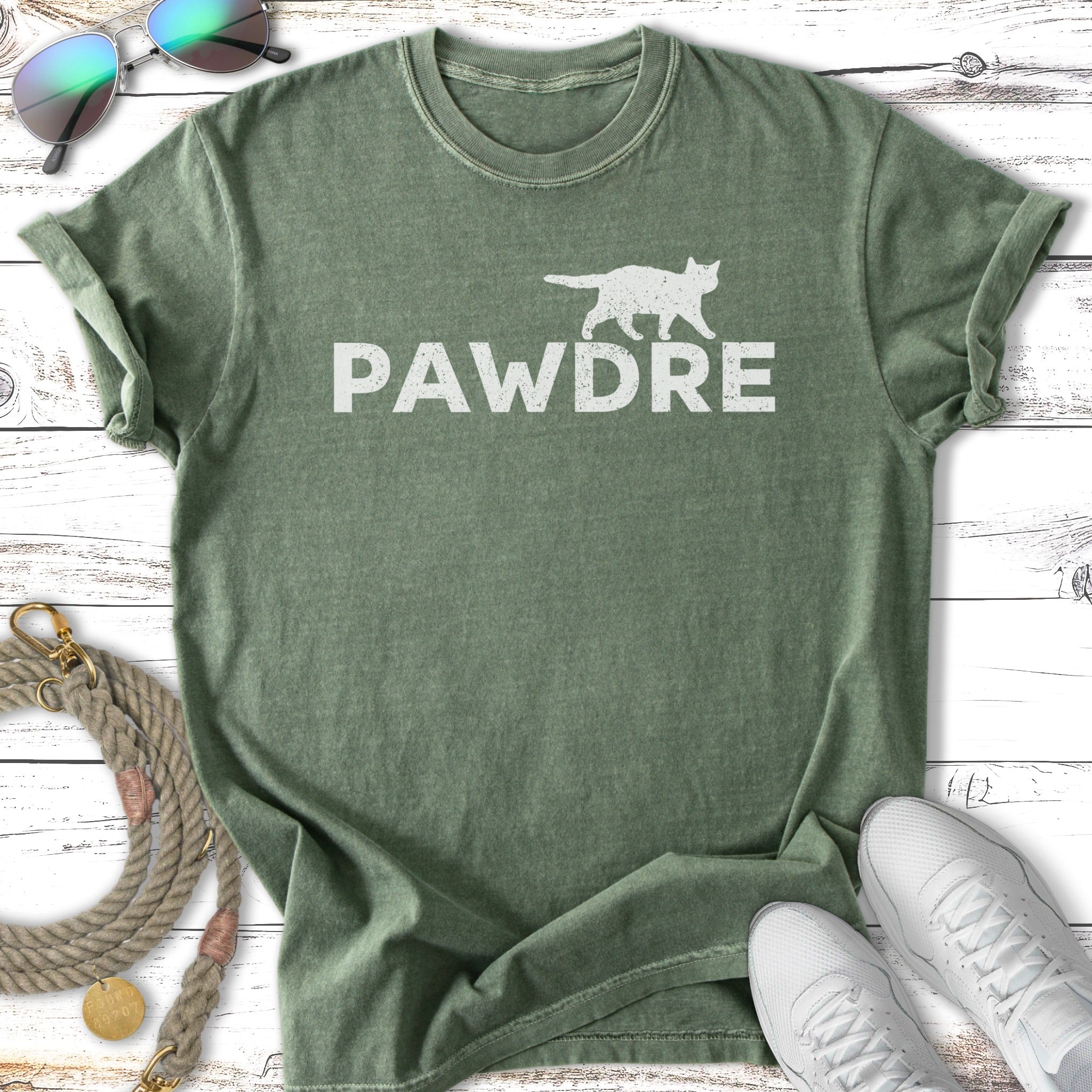 Green t-shirt with white "PAWDRE" text and a cat silhouette.