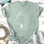 Mint green t-shirt with cat silhouette and quote about cats being sanity, happiness, teachers, therapists, and best friends.