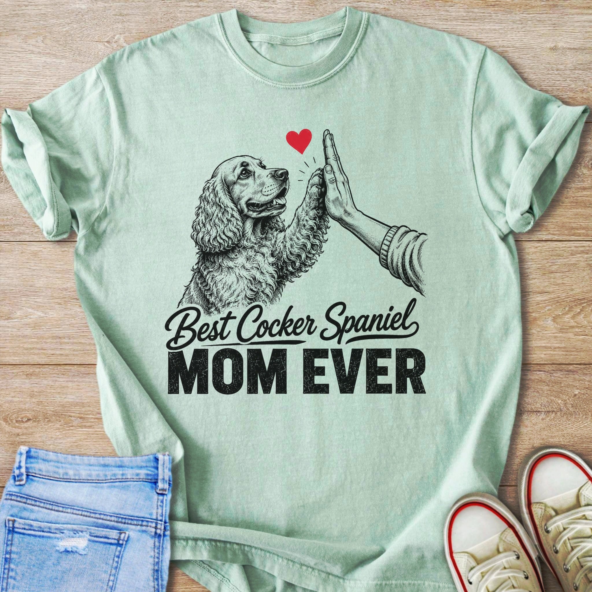 Cocker Spaniel Mom Ever graphic on a light mint t-shirt with a dog high-fiving a hand.