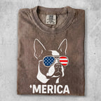 Brown t-shirt with a French bulldog wearing American flag sunglasses and "MERICA" text.