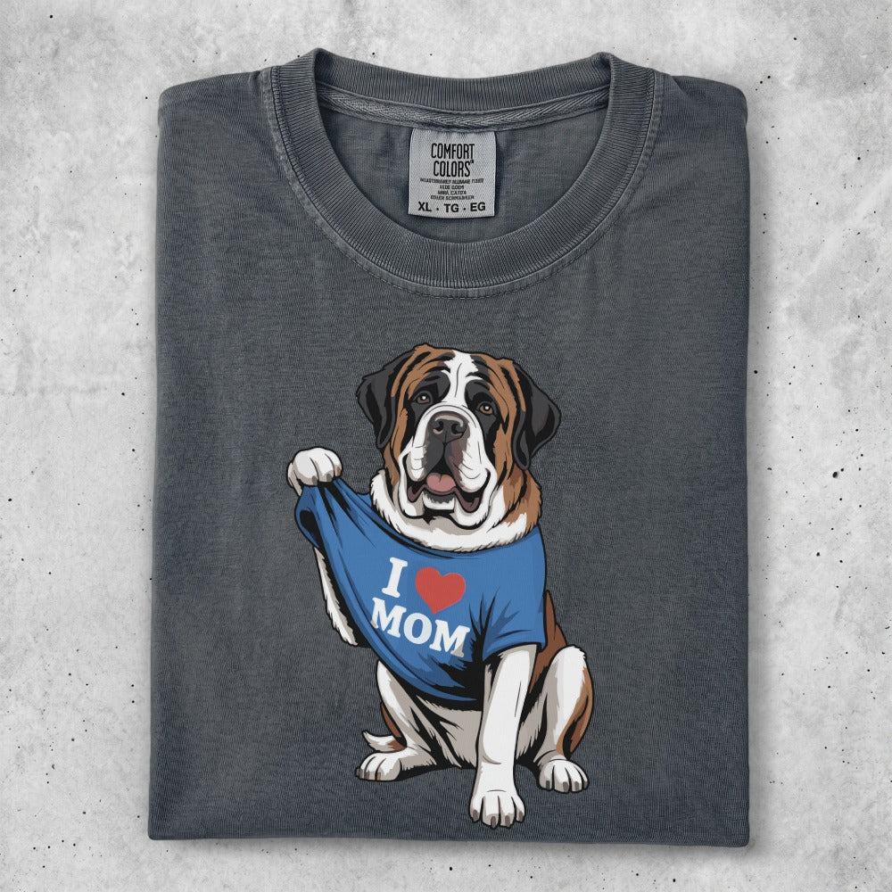 Saint Bernard dog wearing "I Love Mom" shirt.