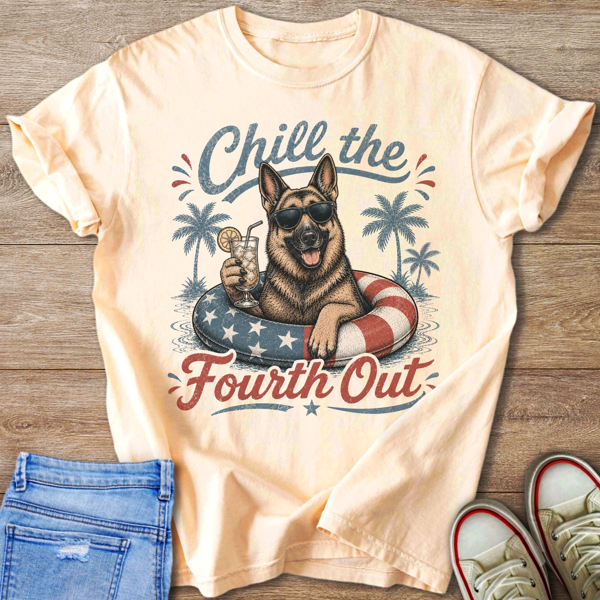 German Shepherd in float with drink, text "Chill the Fourth Out".