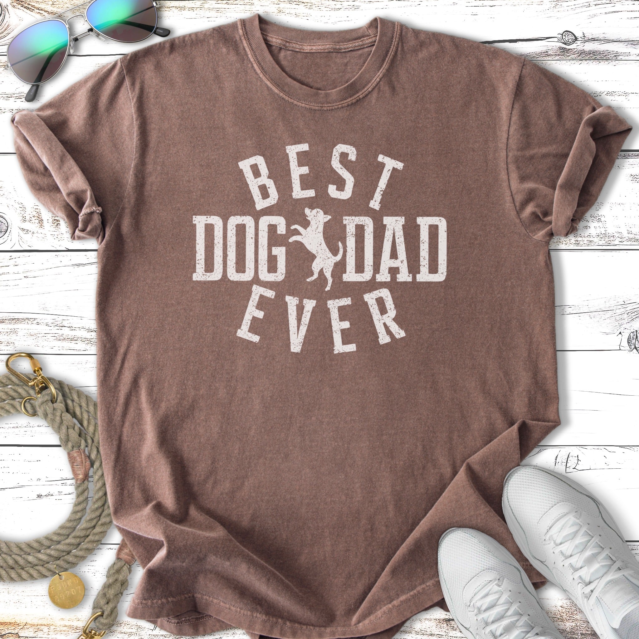 Brown t-shirt with "BEST DOG DAD EVER" text in white.