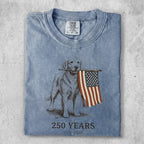 Golden retriever with American flag, "250 YEARS 1776-2026" text.